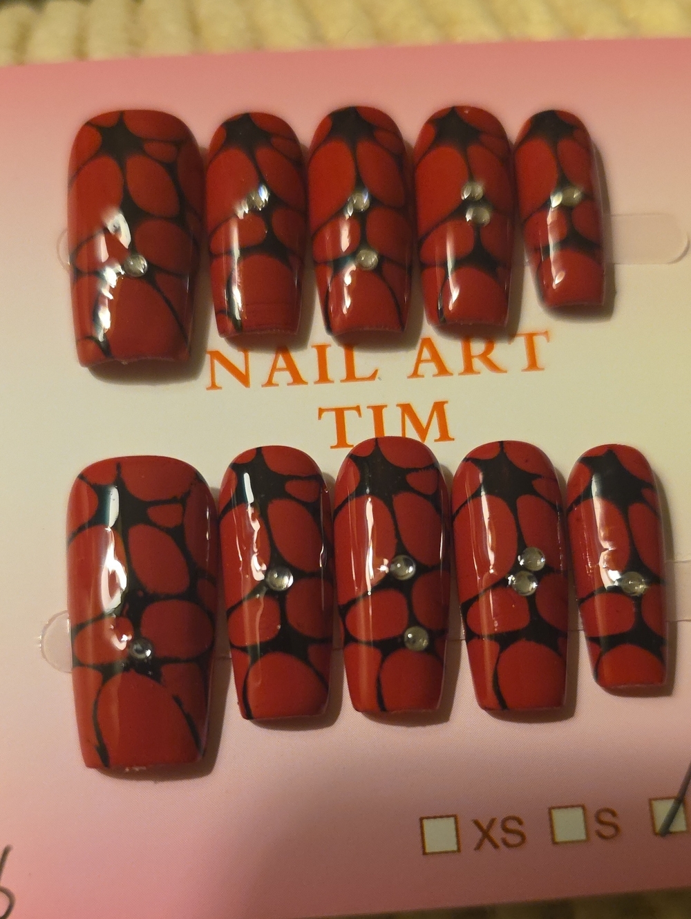 Red/pink and Black Press-On Nails with Gem Accents Size Med